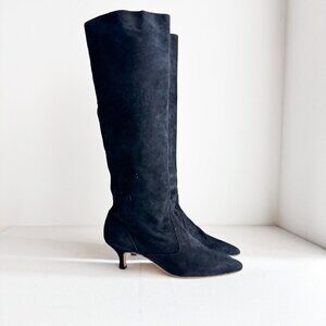 Vintage Manolo Blahnik Knee High Black Suede Kitten Heel Boots 37